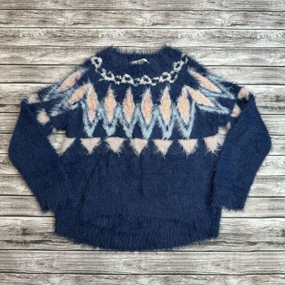 LC Lauren Conrad Women's Fuzzy Fair Isle Sweater Blue White Pink M Med Medium - Picture 3 of 13